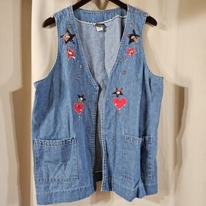 Cactus California Womens Western Denim Open Front Vest Embroidered Stars Size XL